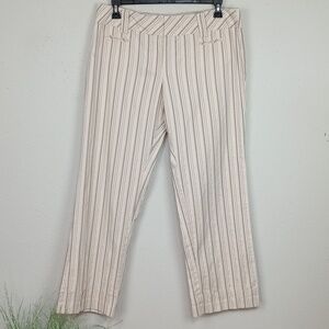 LOFT Women Marisa Cream  Tan Pin Striped Mid Rise Straight Wide Leg Pants sz 14